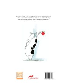 Text über Fabel und wichtigen Moment. Illustration: Kuh steht, greift mit Maul einen Apfel vom Baum. Salamander Logo unten.