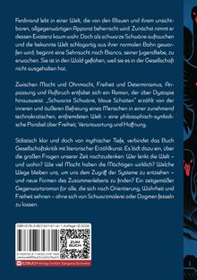 Text zu einem Buch über Macht, Freiheit und innere Befreiung. QR-Code darunter, bunter Rand mit schwarzen Schwänen rechts.