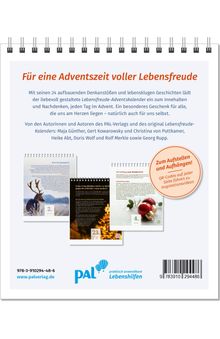 Für eine Adventszeit voller Lebensfreude. Abbildungen von Kalenderseiten und ein Logo des PAL Verlags mit ISBN.