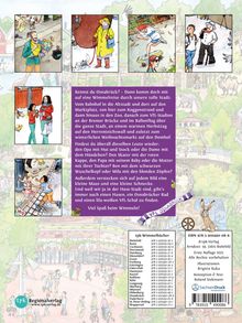 Text: "Kennst du Osnabrück? – Dann komm doch mit auf eine Wimmelreise durch unsere tolle Stadt..." Illustrationen: Verschiedene Alltagsszenen aus Osnabrück. Links unten sind blätternde Kinder erkennbar, rechts unten ein Hase. Ein lila-weißer VfL-Schal ist sichtbar.
