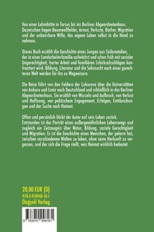 Ein grüner Hintergrund mit Text über das Leben eines Jungen aus Südanatolien, der seinen Weg ins Berliner Abgeordnetenhaus findet. Links unten steht "20,00 EUR (D)" und "Dağyeli Verlag".