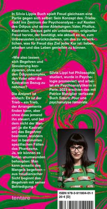 Beschreibung eines Texts über Freud und Triebtheorie, Silvia Lippi, ihr Studium und ein Buch mit Patrice Maniglier. Enthält ein Foto einer Frau und ein buntes, abstraktes Muster im Hintergrund. ISBN: 978-3-911804-01-1, Preis: 20 €.
