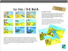 Der Text "Der Rabe" ist in Deutsch und Tigrinya. Mehrere Illustrationen zeigen Szenen mit Tieren, einem Bach und einer Eiche.