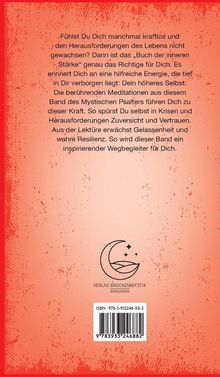 Ein roter Hintergrund mit einem Text über innere Stärke und meditative Bücher, Logo mit Mond, Sternen, ISBN-Nummer.