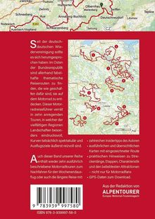 Ein roter Hintergrund mit Text über Motorradreiseführer in Deutschland und Routenkarten. Nummerierte Touren sind abgebildet.