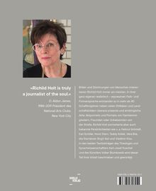 Zitat: „Richild Holt is truly a journalist of the soul.“ O. Aldon James. Links ein Porträt einer Frau mit Brille.