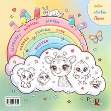 „Alphabet, Formen, Linien, Farben, Zahlen 1-10, Muster“ auf Regenbogen. Tiere in Wolken, Schmetterling und Raupe.