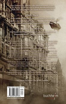 Texte beschreiben eine fantasievolle, düstere Welt voller Magie und Revolution. Hintergrund: alte Gebäude in Sepiatönen.