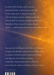 Text über ein Hotel voller Kranker und Gespenster, eine poetische Erzählung in Zyklen. Hintergrund: Blau und Orange.