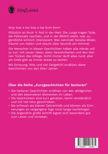 Der Text beschreibt Rock 'n' Roll und Geschichten aus den 50ern, mit Schwerpunkt auf Senioren. Oben links ist ein Logo von SingLiesel.