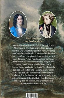 Zwei ovale Porträts: Links eine Person in blauem Outfit, rechts eine Person mit Anzug und Blume. Text über eine romantische Geschichte.