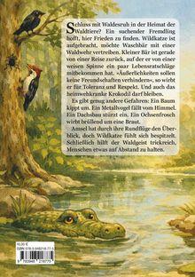 Text über Unruhe im Wald; Tiere, die Konflikte haben. Illustration zeigt zwei Vögel auf einem Baum, Krokodil im Wasser.