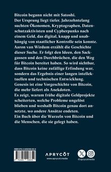 Text über Bitcoin: Geschichte seiner Ursprünge vor Satoshi, intellektuelle Entwicklung und gescheiterte Digitalgeldprojekte. Logo und ISBN.