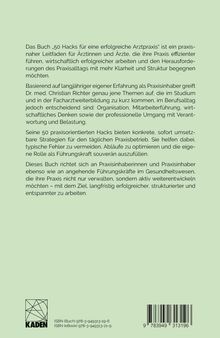 Text: "Das Buch '50 Hacks für eine erfolgreiche Arztpraxis' ist ein praxisnaher Leitfaden für Ärztinnen und Ärzte." Unten ein Logo.