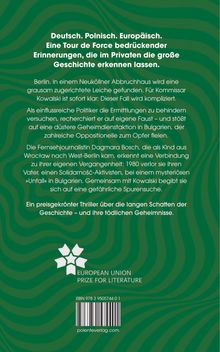 „Deutsch. Polnisch. Europäisch.“ Beschreibung eines Krimis auf grünem Hintergrund mit geschwungenem Muster und einem Logo.
