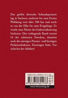 Roter Hintergrund mit Text über das sächsische Schmalspurnetz. Unten ISBN, Preis und rhinoverlag.de in einem weißen Feld.