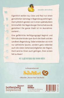 Text beschreibt: Isa, Clara und Paul erleben ein Abenteuer in Regensburg, um einen gestohlenen Domschatz zu finden. Eine Illustration einer Ente ist oben zu sehen.