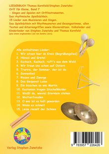 Liederbuch mit 15 Liedern und Instrumentenbildern: Rasseln, Triangel, Becken, buntem Logo. Verlag: Stephen Janetzko.