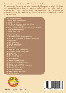 Hexen, Geister, Halloween. 30 schaurige Lieder. Liste: Heute Nacht ist Halloween, Gespensterstunde, u.v.m. Buntes Logo.