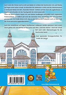 Text über Urlaubsgeschichten von Lilly und Nikolas auf Rügen und Hiddensee. Illustration: Seebrücke, Kinderfigur mit Biber.