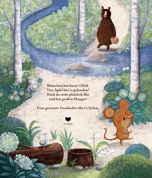 Text: „Mäuschen hat heute Glück: Vier Äpfel hat es gefunden! Doch da steht plötzlich Bär und hat großen Hunger!“ Illustration: Ein Maus und ein Bär in Waldlandschaft.