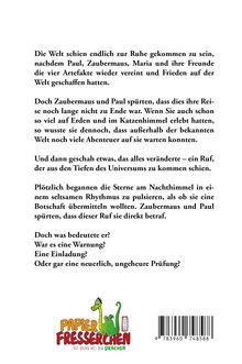 Ein Text erzählt von Paul, Zaubermaus und Maria, die nach Abenteuern eine neue Herausforderung spüren. Unten ein grüner Drache.