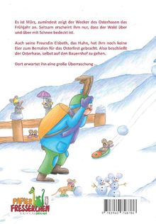Text beschreibt einen schneebedeckten März. Illustration zeigt Osterhasen im Schnee, Mäuse spielen, ein Schneemann steht da.