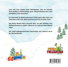 Texte zu Weihnachtsgeschichten, Fußspuren im Schnee, Geschenkpakete und kleine Tannenbäume. Logo unten rechts.