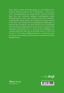 Der Text beschreibt ein Buch über musikalische Werke vom 16. bis 20. Jahrhundert mit Schwerpunkt auf Mozart. Im unteren Bereich steht "Allitera Verlag" und die Webseite "www.allitera.de". Auf der rechten Seite befindet sich ein Barcode.