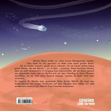 Text: Eine kurze Geschichte über Martha Möwe, die versehentlich im All landet. Logo "spielen und lernen". Illustration einer galaktischen Szene.