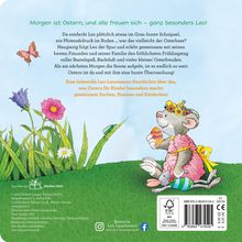 „Morgen ist Ostern, und alle freuen sich – ganz besonders Leo!“ Illustration mit einem Hasen im Gras und bunten Blumen.
