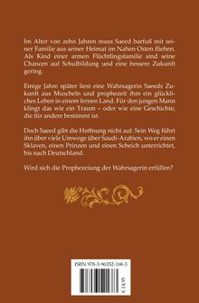 Saeeds Flucht, Hoffnung, Wahrsagerin, Saudi-Arabien, Deutschland. Oranges Layout, goldene dekorative Elemente unten.