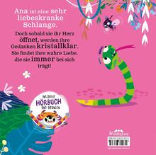 Text in der Mitte beschreibt Ana, eine liebeskranke Schlange. Illustration: Eine bunte Schlange mit Herz und Vogel.