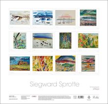 "Siegward Sprotte" und "Mit Jahresübersicht & Schulferien" sind die Haupttexte. Zwölf bunte abstrakte Gemälde.