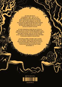 Text beschreibt ein Birkenblatt, das Abenteuer mit Pilzen und Natur auf einer satirischen Reise erlebt. Schwarze Waldillustration.