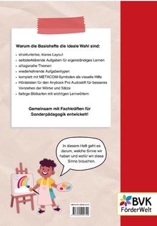 "Warum die Basishefte die ideale Wahl sind" und "Gemeinsam mit Fachkräften für Sonderpädagogik entwickelt!" Text auf hellem Hintergrund. Illustration eines Kindes mit Palette vor Staffelei. BVK Förderwelt Logo unten rechts.