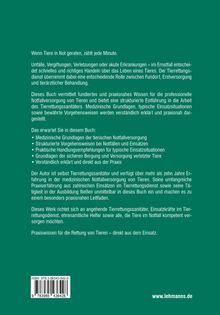 Grüner Hintergrund mit weißen Texten: Einführung in die tierische Notfallversorgung, Handlungsanleitungen, Praxiswissen.