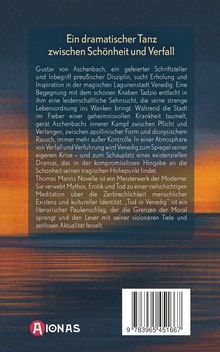 "Ein dramatischer Tanz zwischen Schönheit und Verfall." Text beschreibt Aschenbachs innere Konflikte. Logo unten links.
