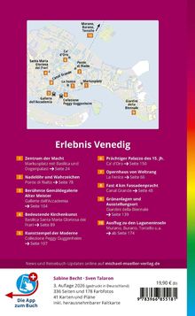 Erlebnis Venedig: Eine Liste von Sehenswürdigkeiten mit Seitenangaben zu Markusplatz, Rialto, La Fenice und mehr. Oben eine Karte.