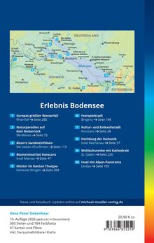 "Erlebnis Bodensee" mit 10 Highlights und Seitenangaben. Karte zeigt Bodensee-Region mit markierten Orten in DE, CH, AT.