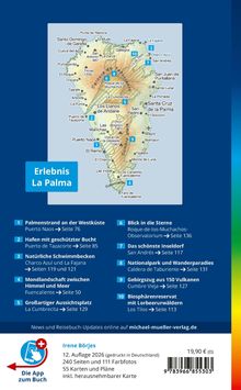 "Erlebnis La Palma" – Karte der Insel mit Sehenswürdigkeiten und Seitenverweisen, umgeben von Beschreibungen und Kontakthinweisen.