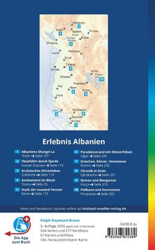 "Erlebnis Albanien" mit 10 nummerierten Reisezielen. Karte zeigt Städte wie Tirana, Pogradec. Preisangabe: 24,90 €.