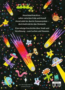 Ein Text über Mondgeschichten, umgeben von lebhaften Illustrationen von comichaften Planeten und Raumfiguren im All.