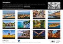 "Dänemark 2027" steht oben. Bilder zeigen Szenen aus Dänemark: Strände, Leuchttürme und Fachwerkhäuser. Unten Kalenderblatt.