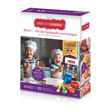 „Kinderleichte Becherküche“, Band 1, „15 leckere Rezepte“. Zwei Kinder in Kochkleidung lachen, daneben bunte Messbecher.