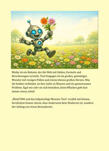 Ein fröhlicher Roboter mit Blumen läuft durch ein buntes Blumenfeld.