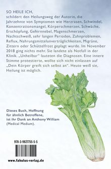 Text beschreibt einen Heilungsweg und Hoffnung durch ein Buch. Unten ein Sellerie-Illustration.