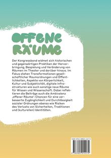 „OFFENE RÄUME“ in grüner Schrift. Text beschreibt Themen des Kongressbands: Transformation, Körperlichkeit, Kultur. Gradient-Hintergrund.