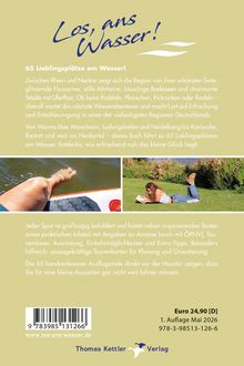 Textbeschreibung über 65 Wasserplätze zwischen Rhein und Neckar. Zwei Fotos zeigen Beine im Wasser und eine lesende Frau im Gras.