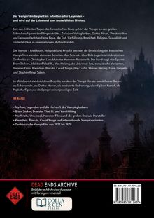 Ein Text beschreibt die Entwicklung des Vampirfilms und listet Themen im Band, mit düsterem Hintergrund von Kreuzen und einer Burg.